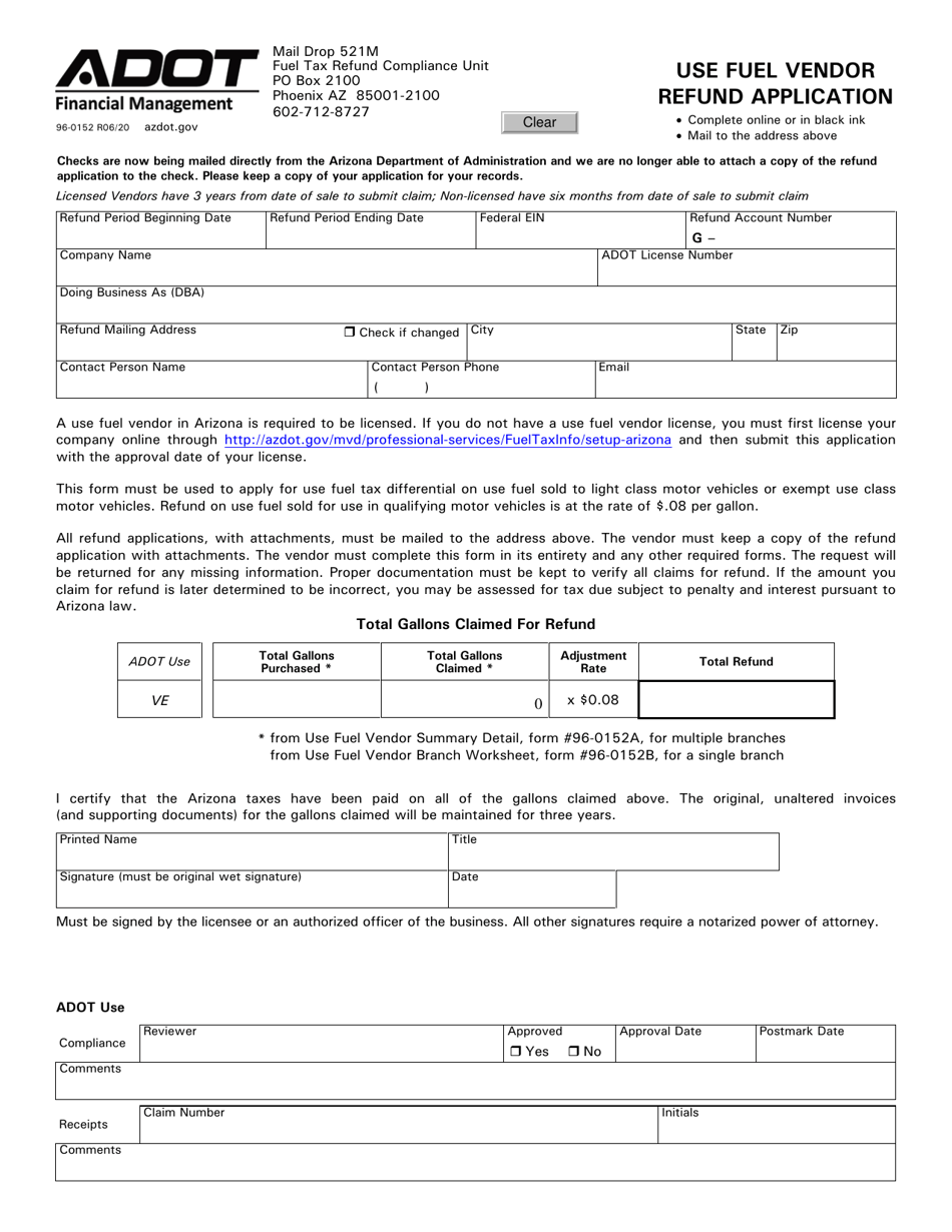 Form 96-0152 Use Fuel Vendor Refund Application - Arizona, Page 1