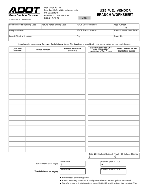 Form 96-152B Use Fuel Vendor Branch Worksheet - Arizona