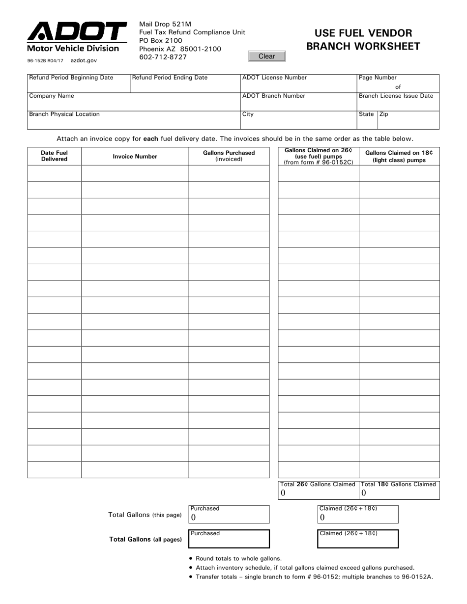 Form 96-152B Use Fuel Vendor Branch Worksheet - Arizona, Page 1