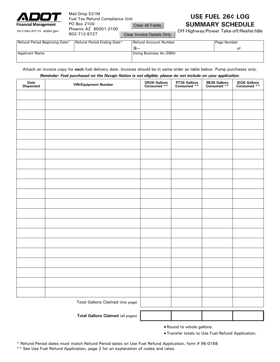 Form 96-0168A Use Fuel 26 Log Summary Schedule - Arizona, Page 1
