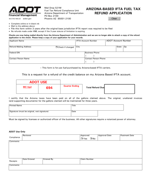Form 96-0750 Arizona-Based Ifta Fuel Tax Refund Application - Arizona