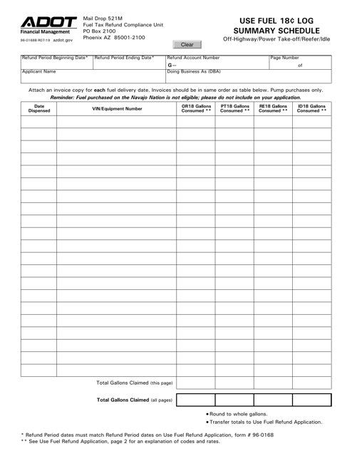 Form 96-0168B Use Fuel 18 Log Summary Schedule - Arizona