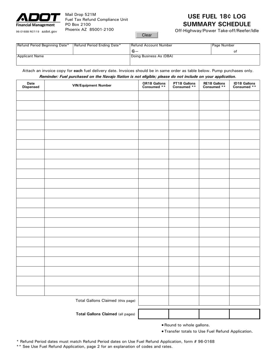 Form 96-0168B Use Fuel 18 Log Summary Schedule - Arizona, Page 1