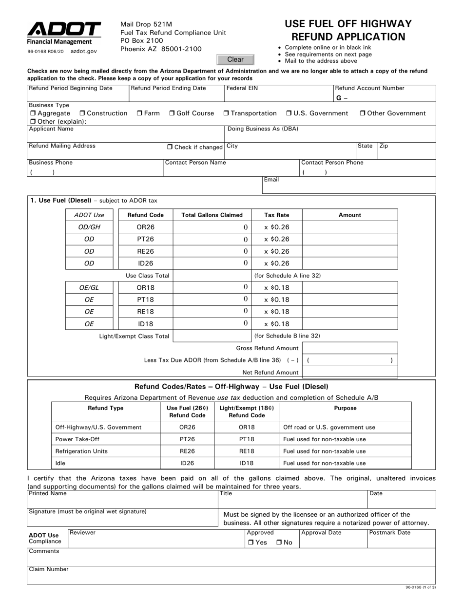 Form 96-0168 Use Fuel off Highway Refund Application - Arizona, Page 1