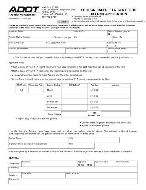 Form 96-0158 Foreign-Based Ifta Tax Credit Refund Application - Arizona