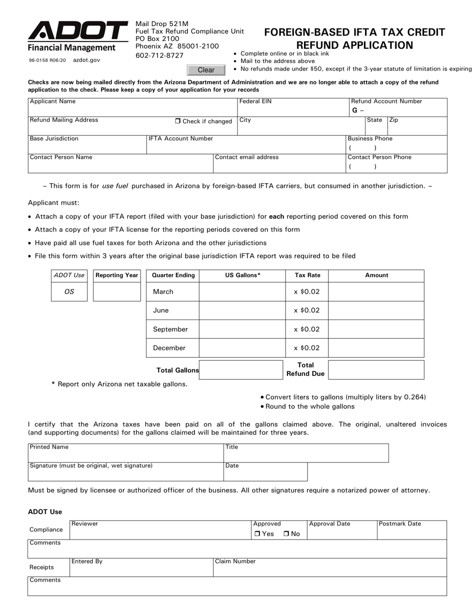 Form 96-0158 Foreign-Based Ifta Tax Credit Refund Application - Arizona, Page 1