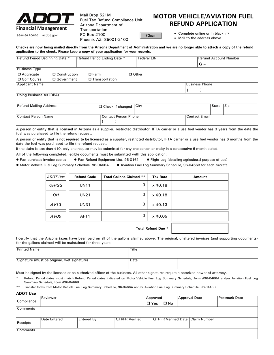 Form 96-0466 Motor Vehicle / Aviation Fuel Refund Application - Arizona, Page 1