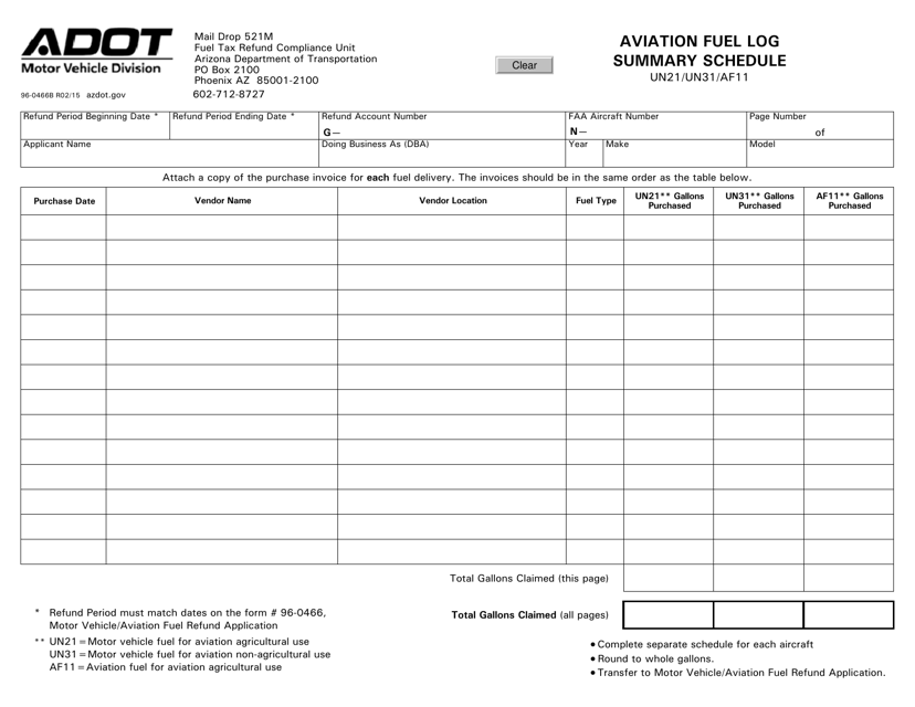 Form 96-0466B Aviation Fuel Log Summary Schedule - Arizona
