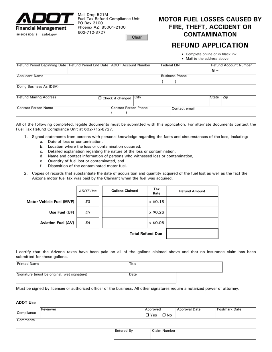 Form 96-3003 Motor Fuel Losses Caused by Fire, Theft, Accident or Contamination Refund Application - Arizona, Page 1