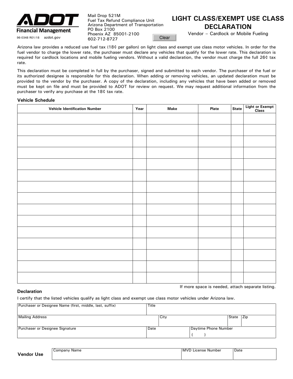 Form 96-0348 Light Class / Exempt Use Class Declaration - Arizona, Page 1
