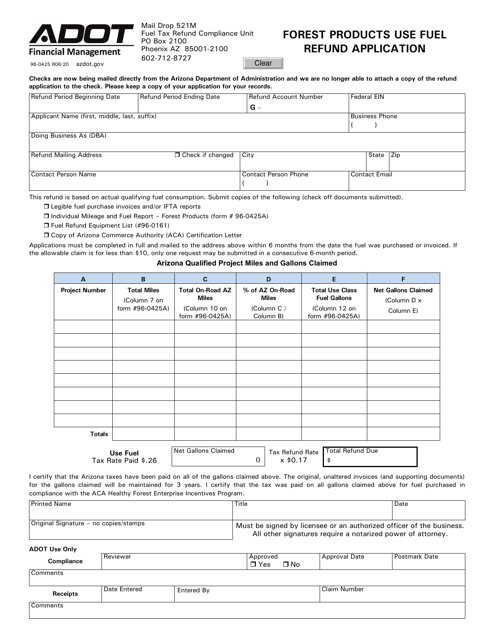 Form 96-0425 Forest Products Use Fuel Refund Application - Arizona