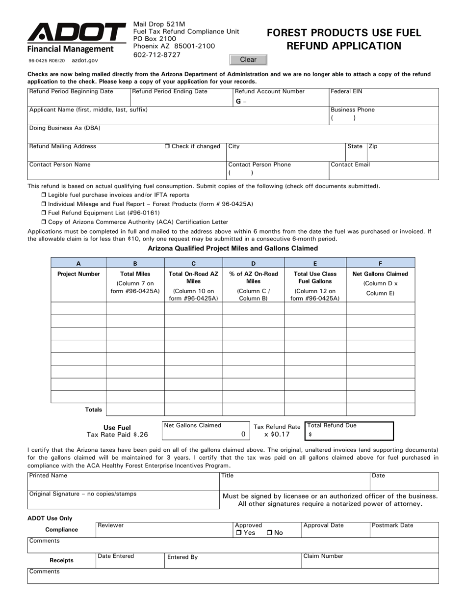 Form 96-0425 Forest Products Use Fuel Refund Application - Arizona, Page 1