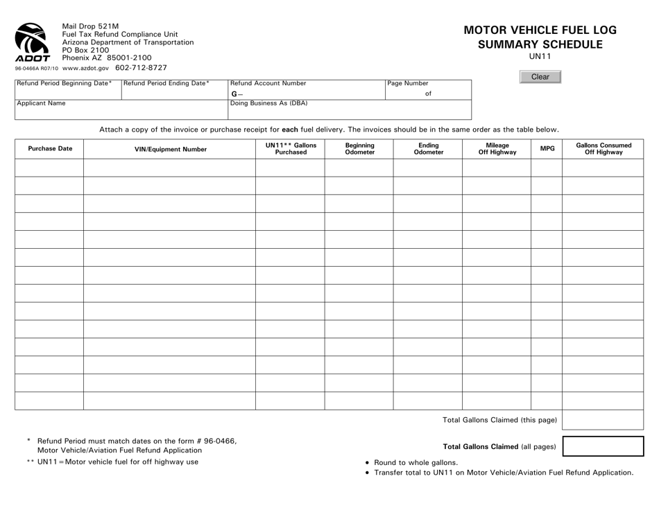 Form 96-0466A Motor Vehicle Fuel Log Summary Schedule - Arizona, Page 1