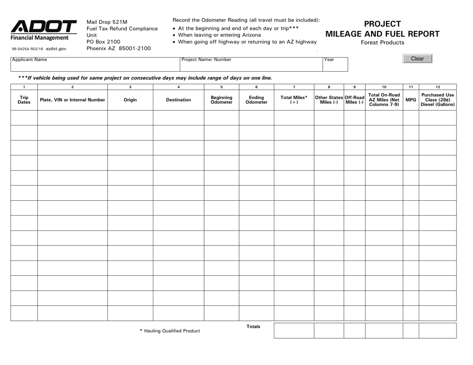 Form 96-0425A Project Mileage and Fuel Report - Arizona, Page 1
