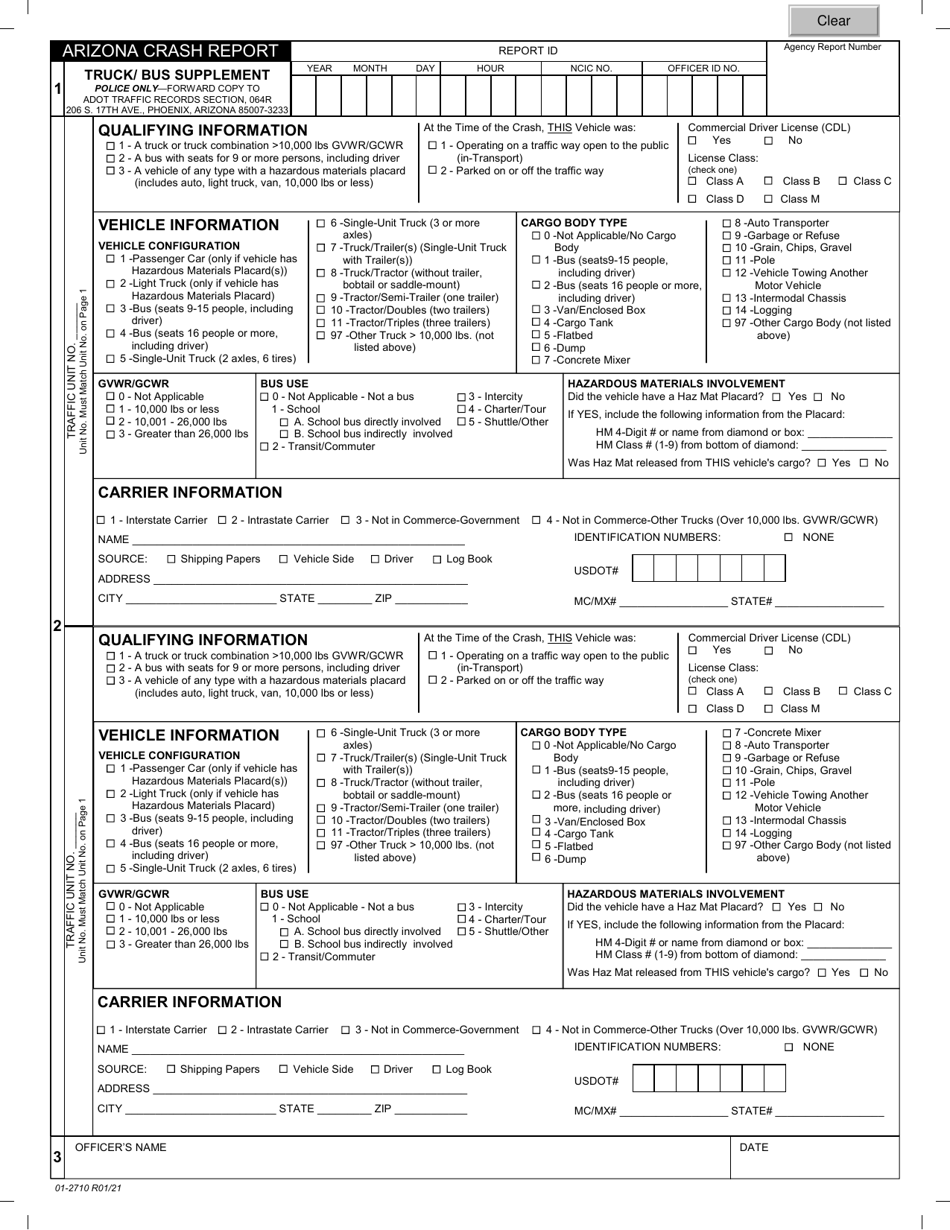 Form 01-2710 Arizona Crash Report - Truck / Bus Supplement - Arizona, Page 1