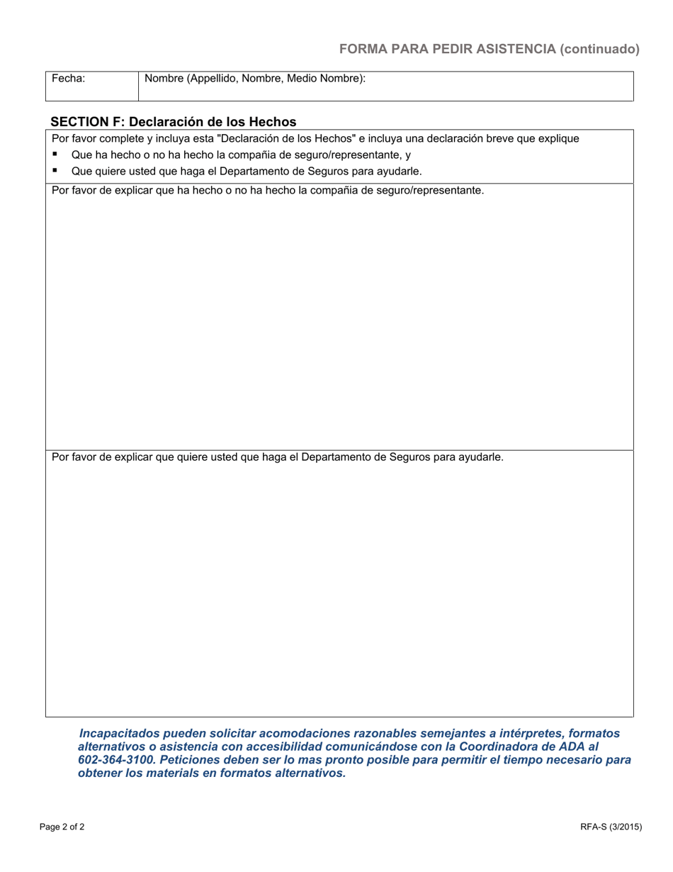 Formulario RFA-S Forma Para Pedir Asistencia - Arizona (Spanish), Page 2