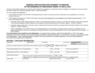 Document preview: Arizona Application for Consent to Engage in the Business of Insurance Under 18 Usc 1033 - Arizona