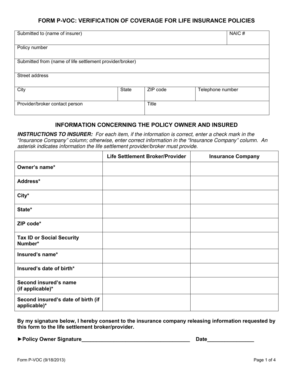 Form P-VOC Verification of Coverage for Life Insurance Policies - Arizona, Page 1