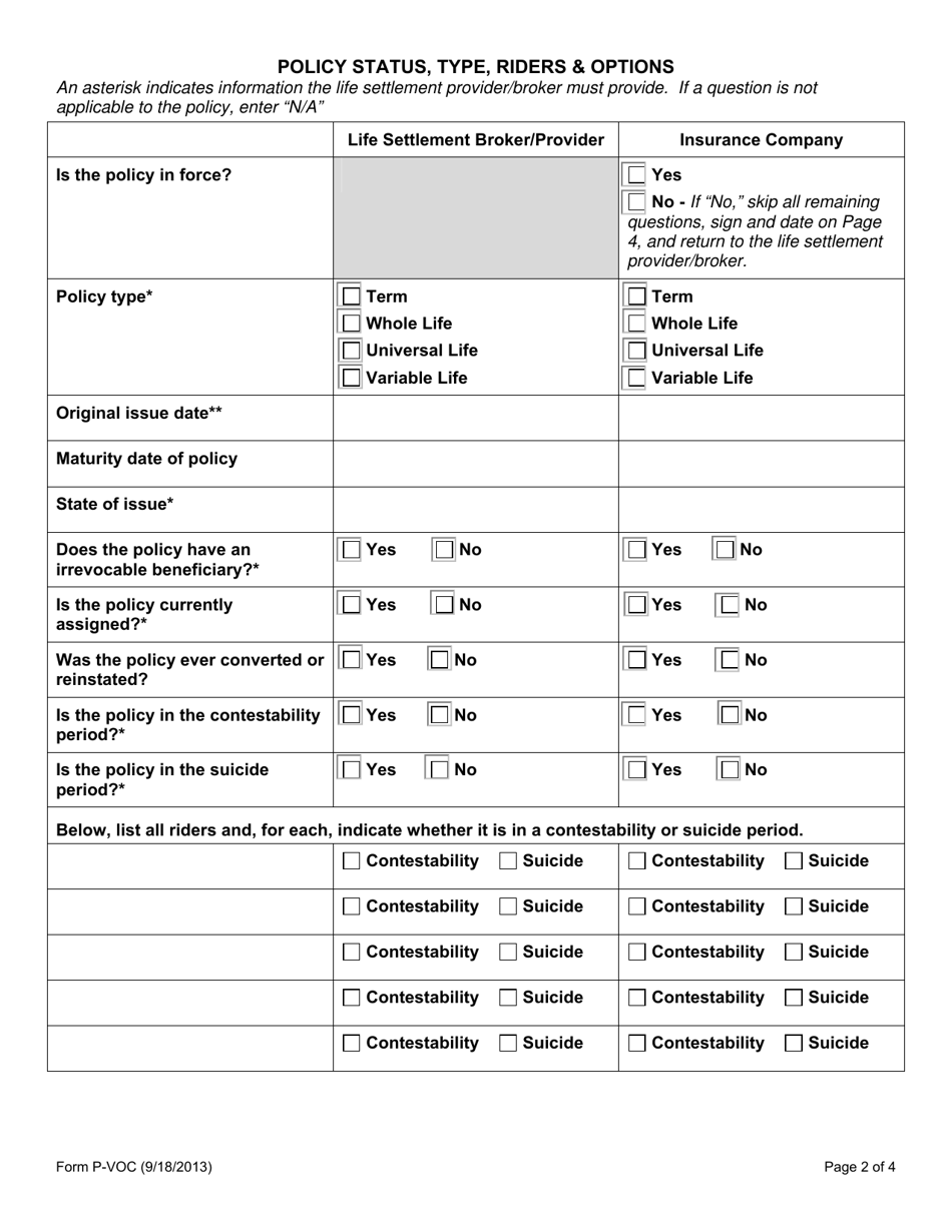 Form P-VOC Verification of Coverage for Life Insurance Policies - Arizona, Page 2