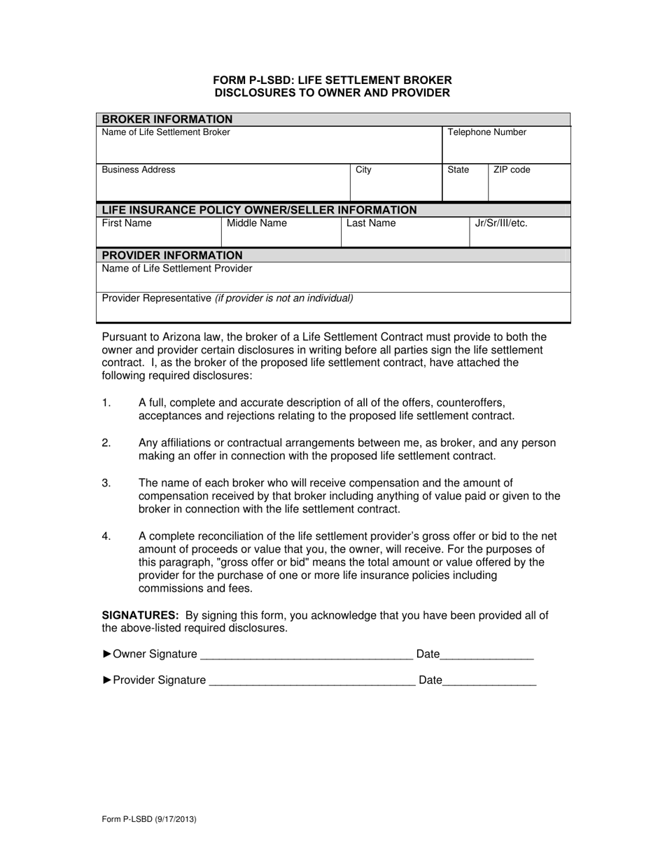 Form P-LSBD Life Settlement Broker Disclosures to Owner and Provider - Arizona, Page 1