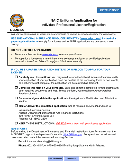 Naic Uniform Application for Individual Professional License/Registration - Arizona