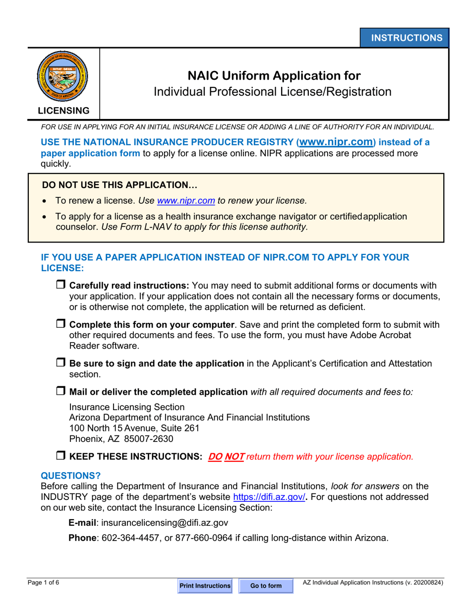 Naic Uniform Application for Individual Professional License / Registration - Arizona, Page 1