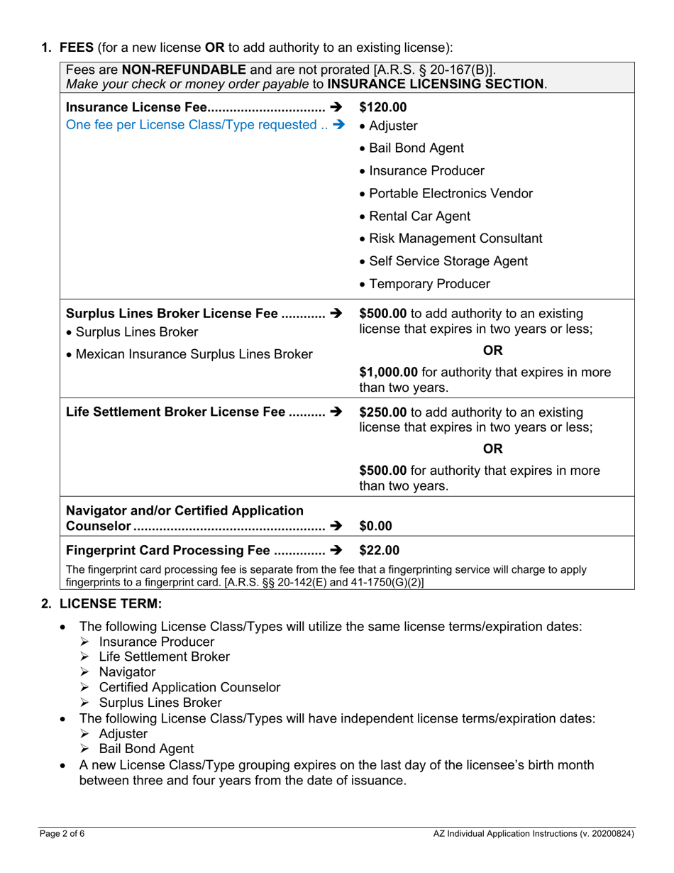 Naic Uniform Application for Individual Professional License / Registration - Arizona, Page 2