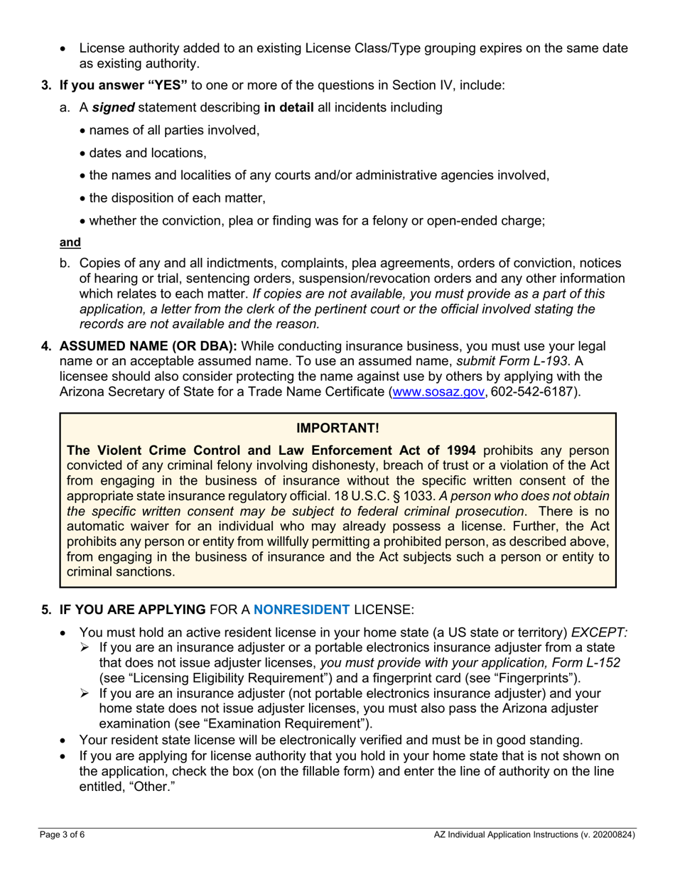 Naic Uniform Application for Individual Professional License / Registration - Arizona, Page 3
