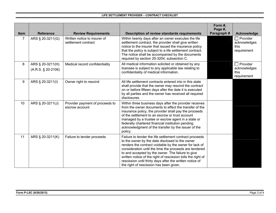 Form P-LSC Life Settlement Provider: Contract Checklist - Arizona, Page 3