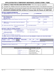 Document preview: Form L-TEMP Application for a Temporary Insurance License - Arizona