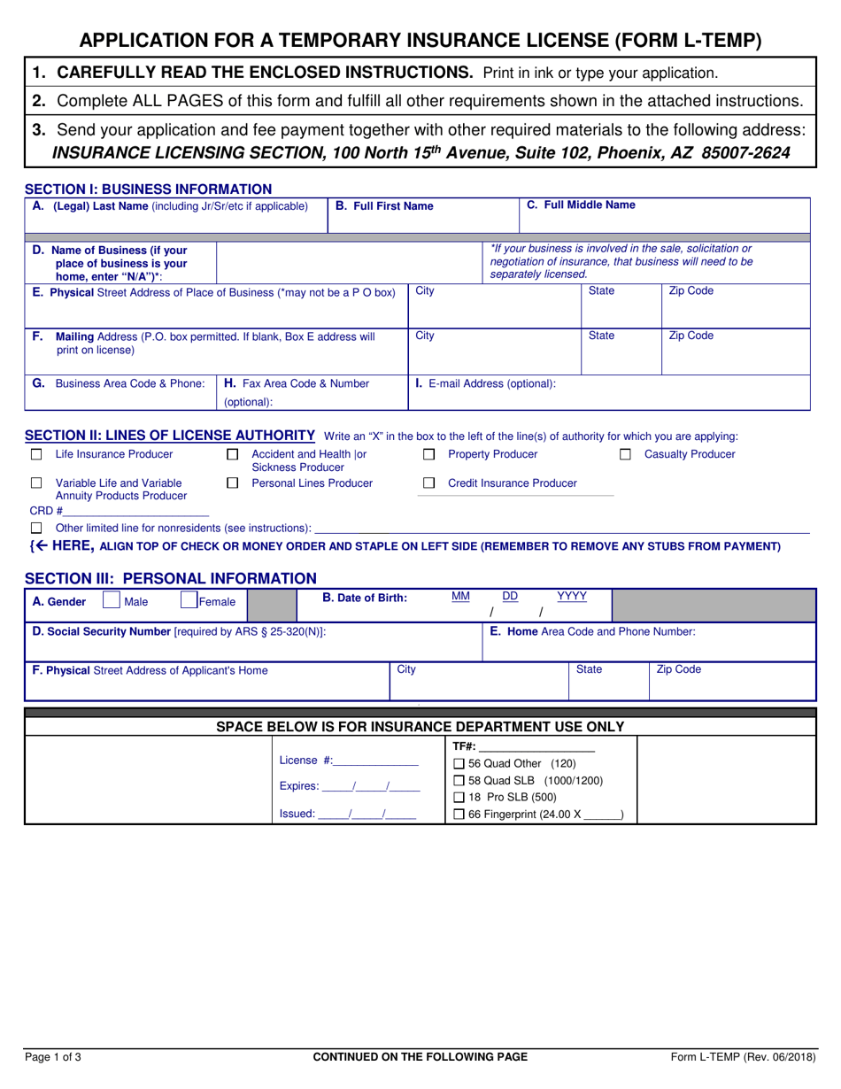 Form L-TEMP Application for a Temporary Insurance License - Arizona, Page 1