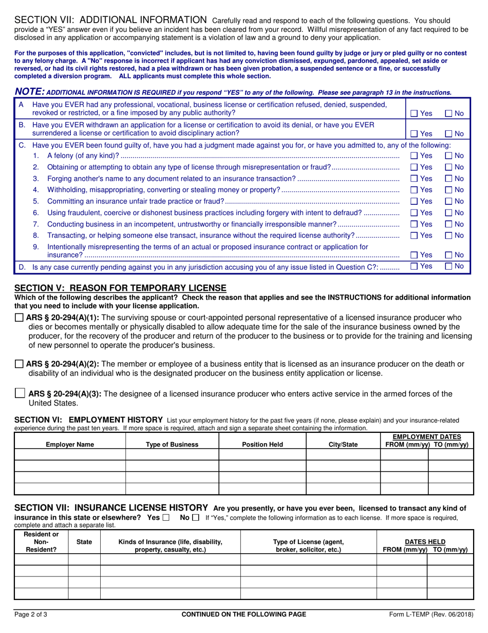 Form L-TEMP Application for a Temporary Insurance License - Arizona, Page 2