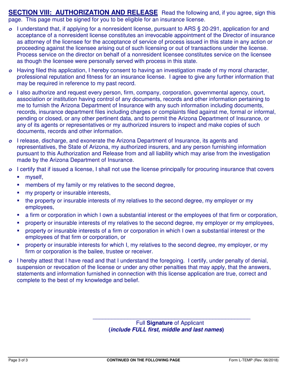 Form L-TEMP Application for a Temporary Insurance License - Arizona, Page 3