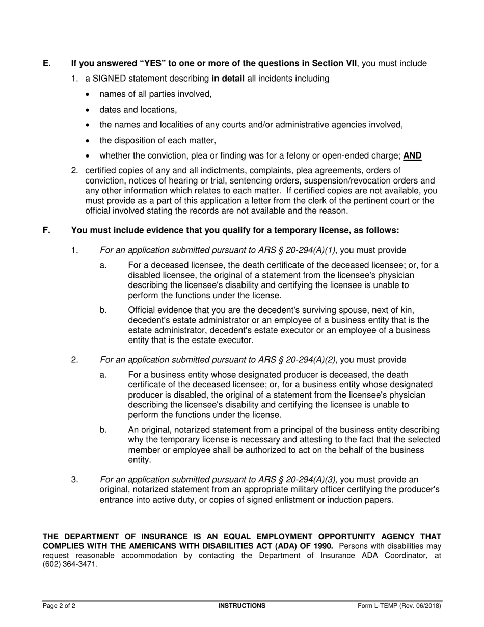 Form L-TEMP Application for a Temporary Insurance License - Arizona, Page 5