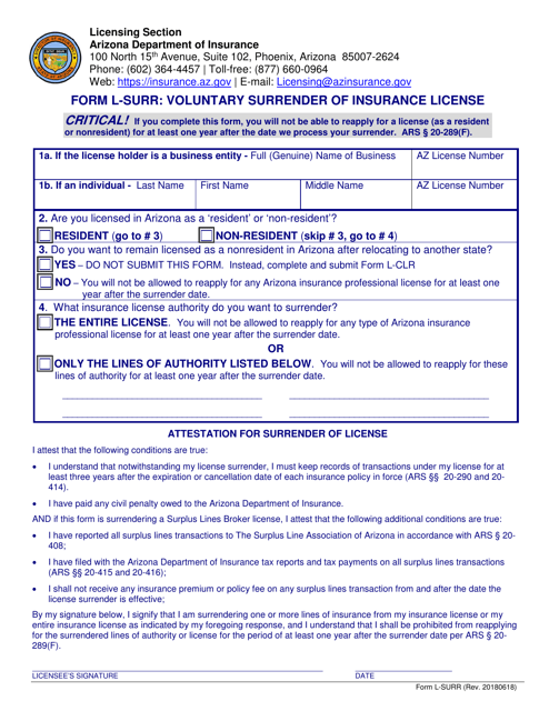 Form L-SURR Voluntary Surrender of Insurance License - Arizona
