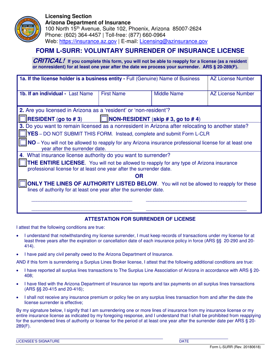 Form L-SURR Voluntary Surrender of Insurance License - Arizona, Page 1