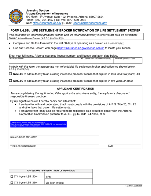 Form L-LSB Life Settlement Broker Notification of Life Settlement Broker - Arizona