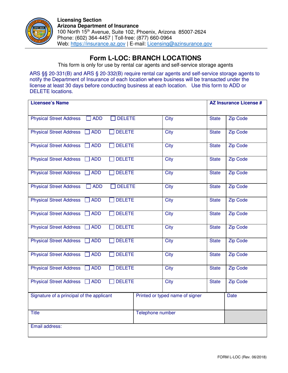 Form L-LOC Branch Locations - Arizona, Page 1