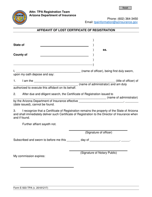 Form E-503-TPA Affidavit of Lost Certificate of Registration - Arizona