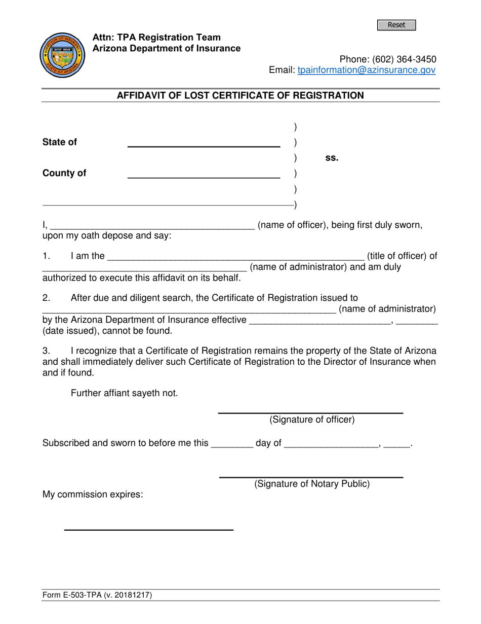 Form E-503-TPA Affidavit of Lost Certificate of Registration - Arizona, Page 1
