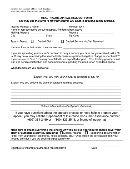 Health Care Appeal Request Form - Arizona Download Pdf