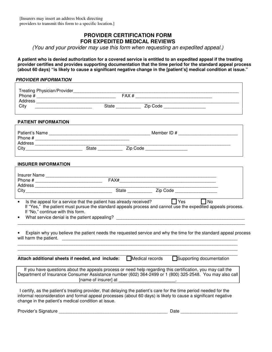 Provider Certification Form for Expedited Medical Reviews - Arizona, Page 1