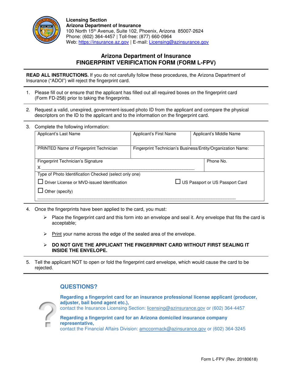 Form L-FPV Fingerprint Verification Form - Arizona, Page 1
