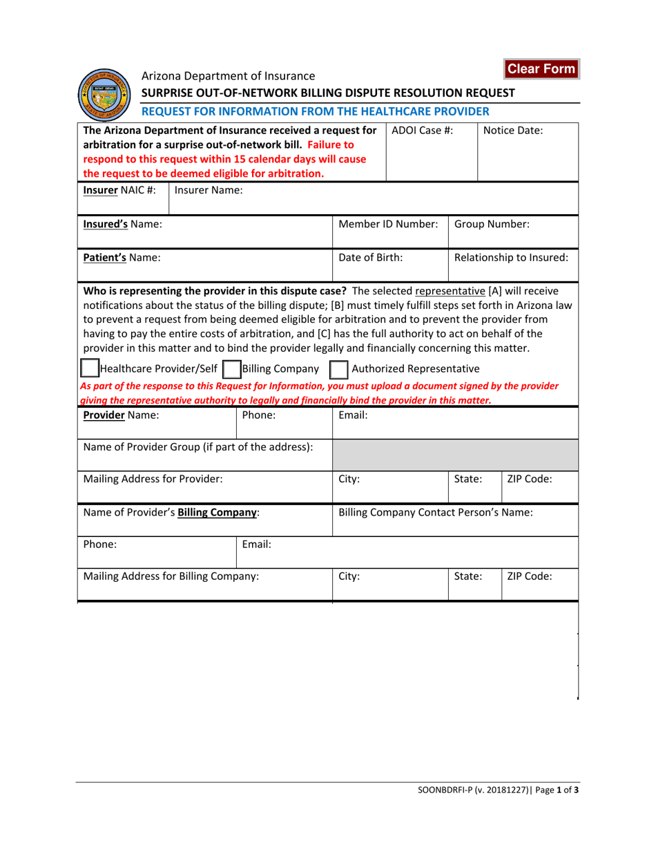 Form SOONBDRFI-P Request for Information From the Healthcare Provider - Arizona, Page 1