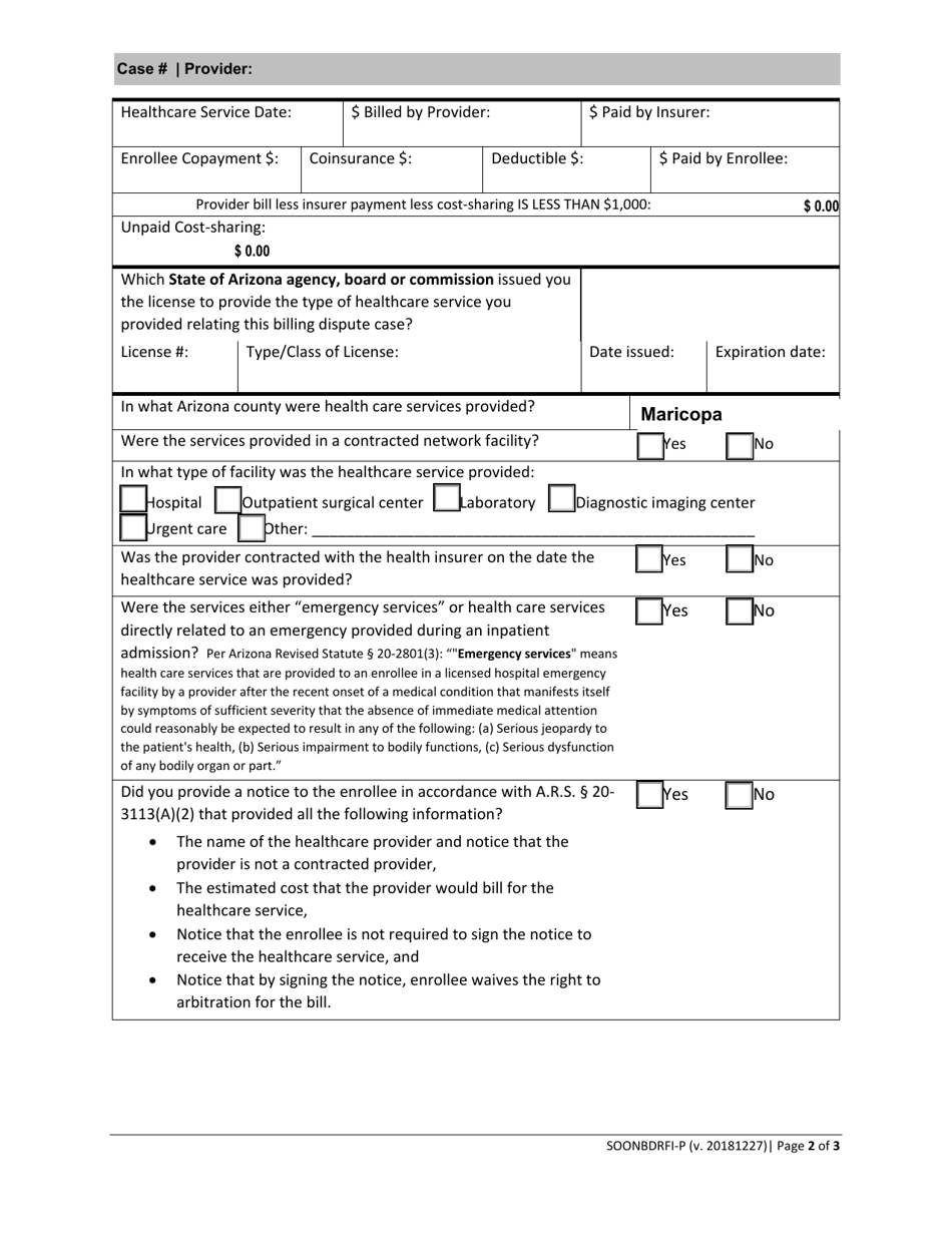 Form SOONBDRFI-P Request for Information From the Healthcare Provider - Arizona, Page 2