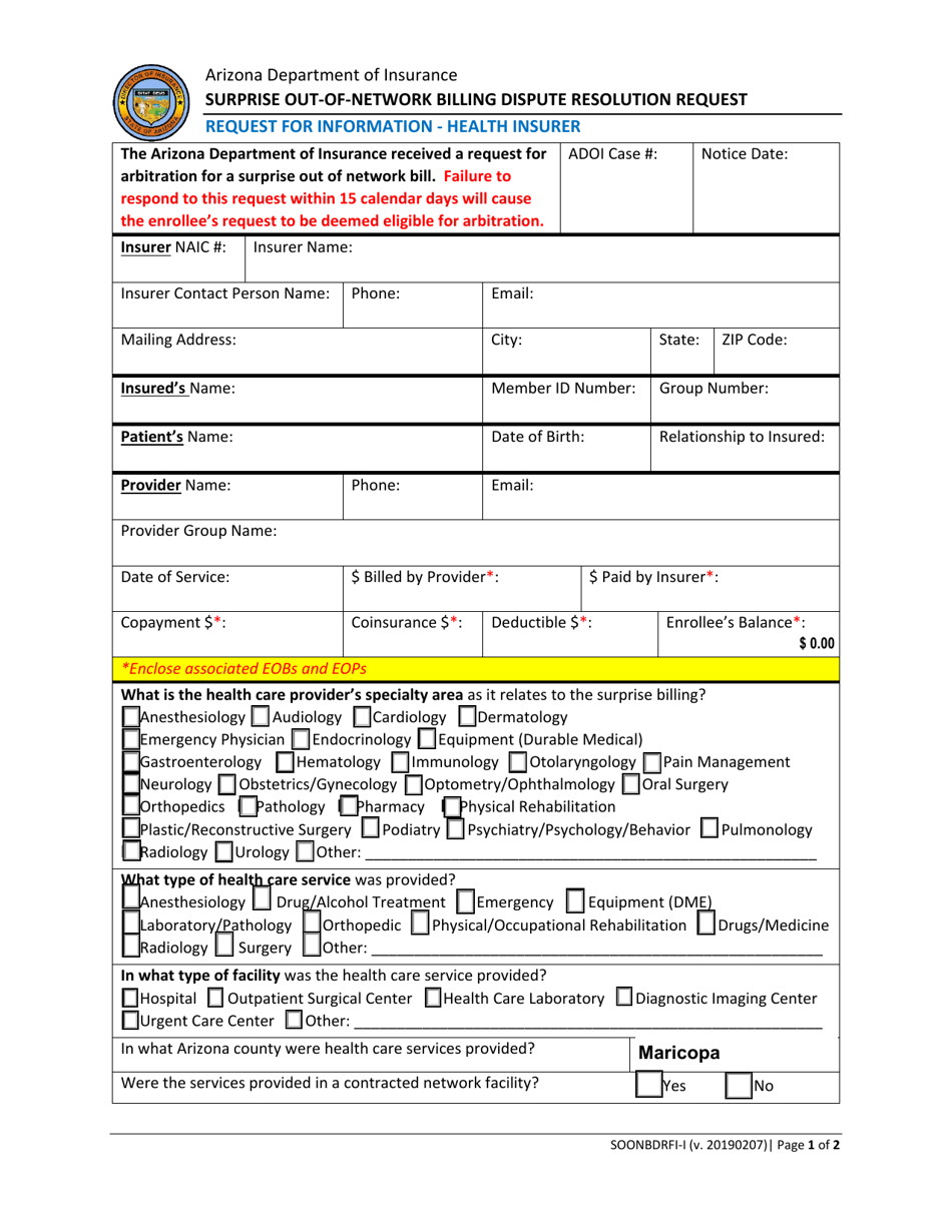 Form SOONBDRFI-I Request for Information - Health Insurer - Arizona, Page 1
