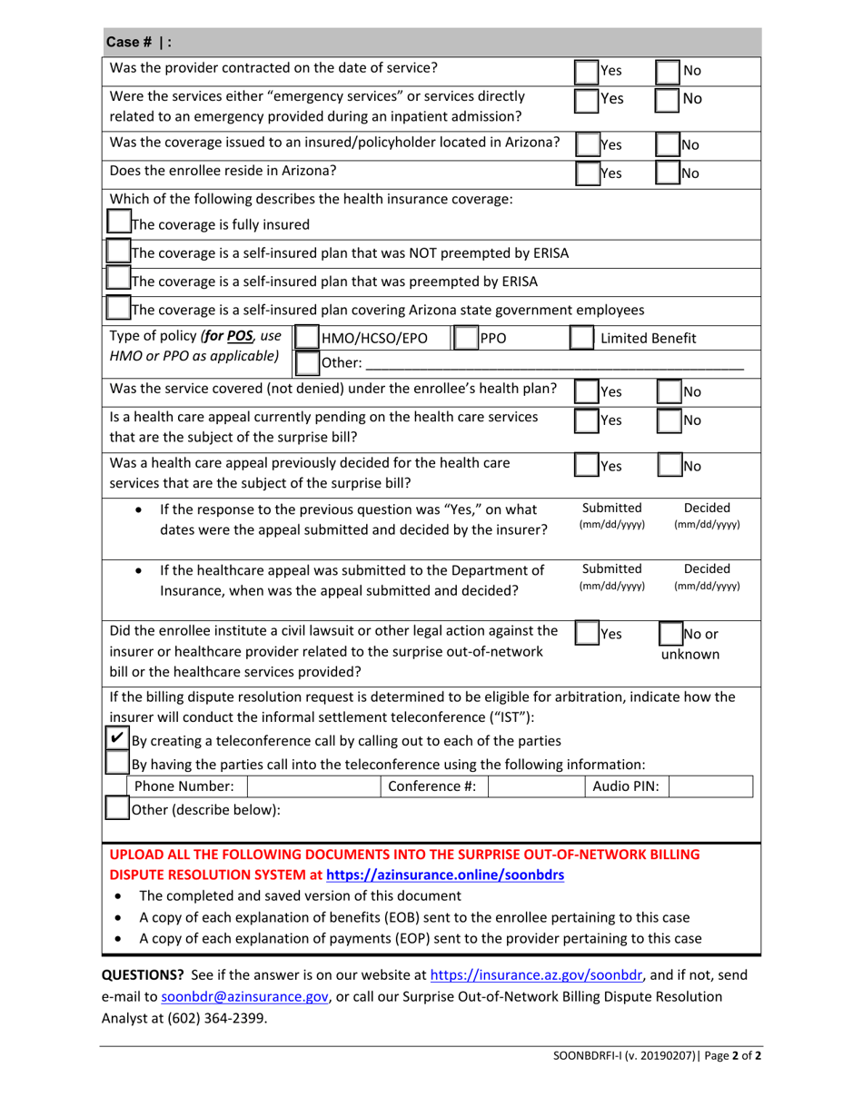 Form SOONBDRFI-I Request for Information - Health Insurer - Arizona, Page 2