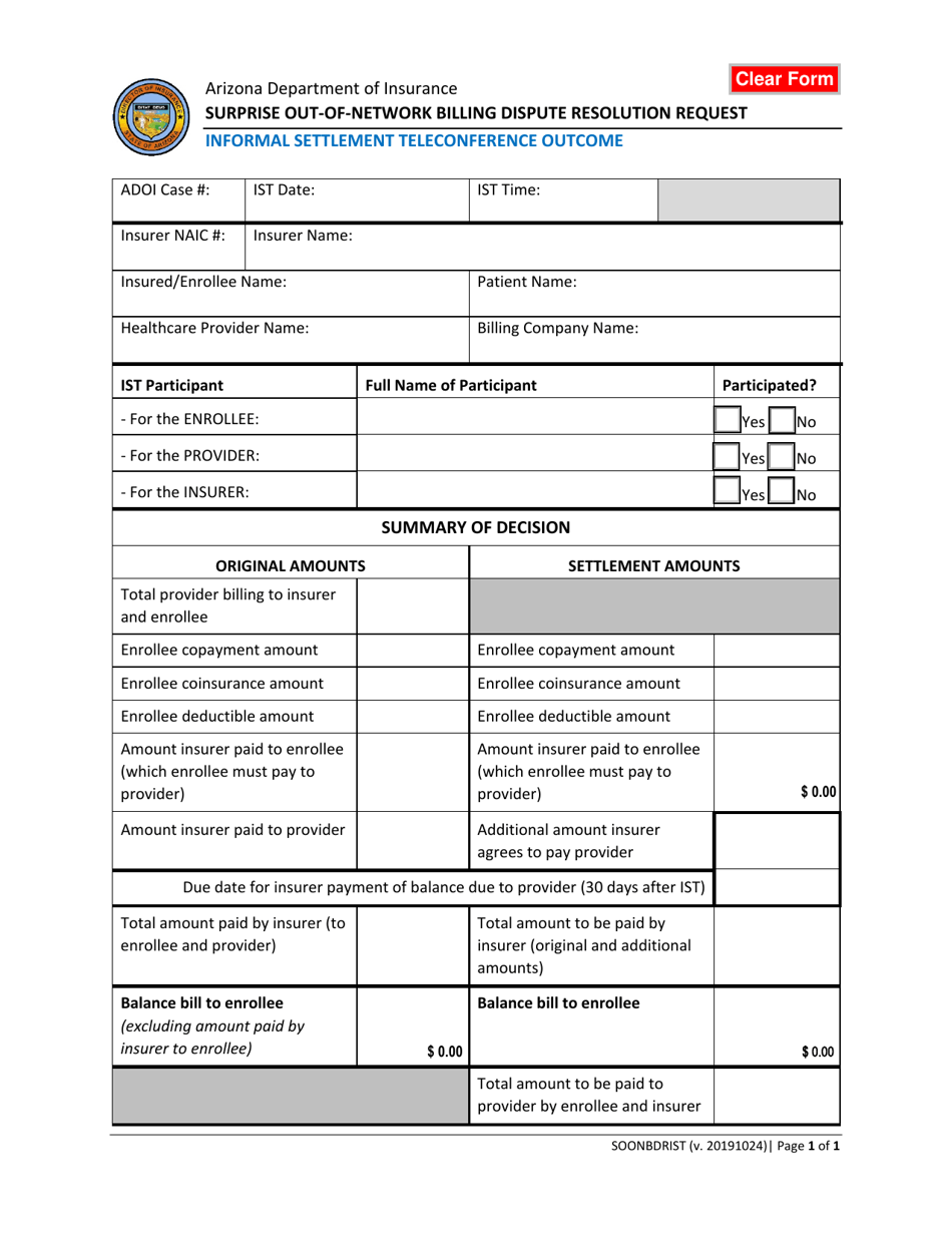 Form SOONBDRIST Informal Settlement Teleconference Outcome - Arizona, Page 1