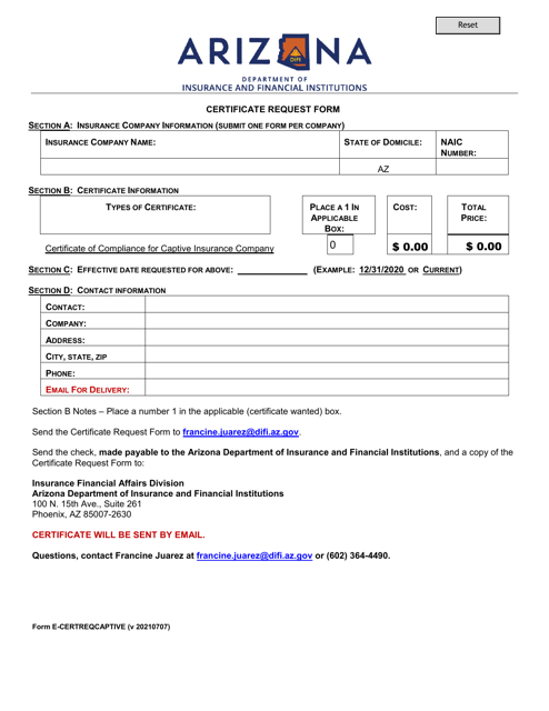 Form E-CERTREQCAPTIVE Certificate Request Form - Arizona