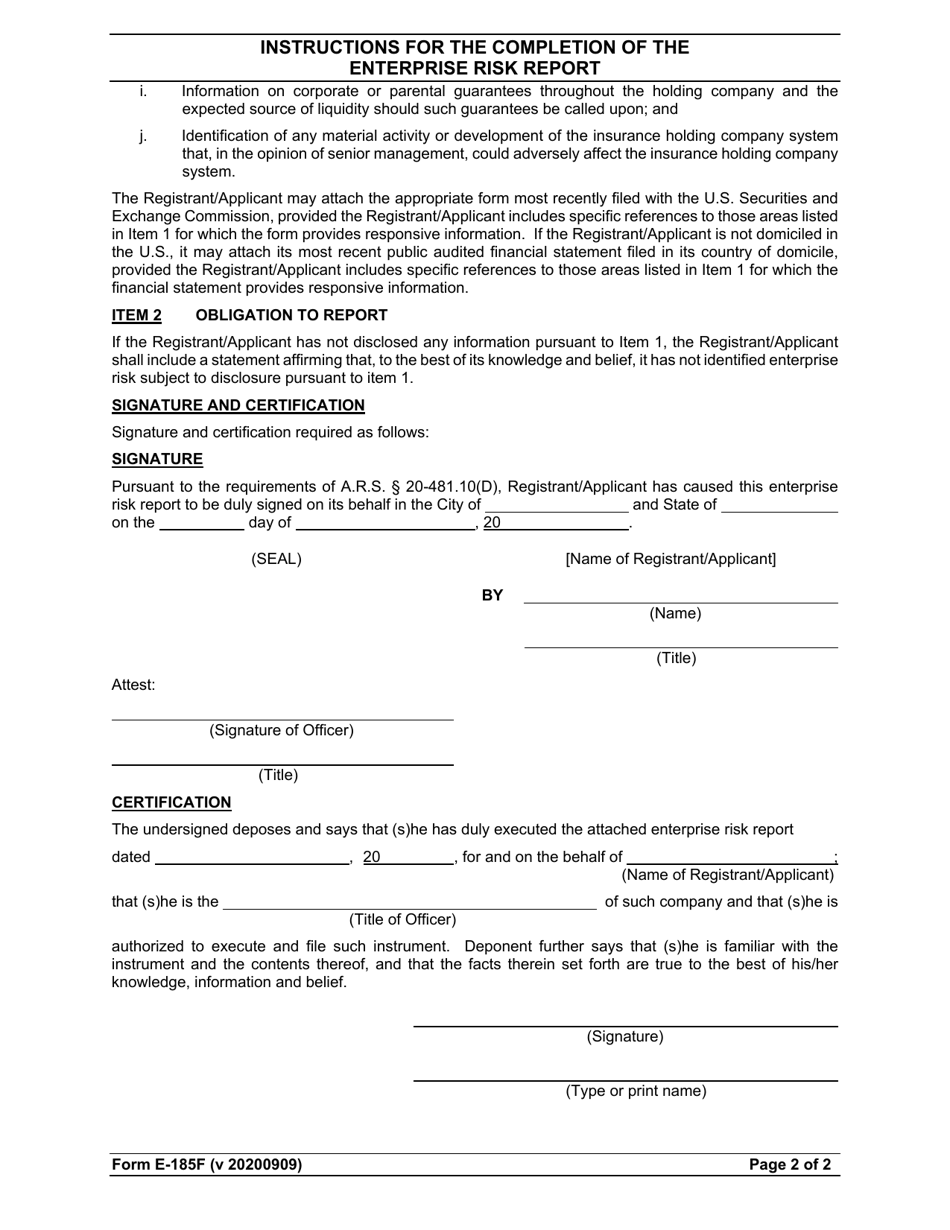 Instructions for Form F Enterprise Risk Report - Arizona, Page 2